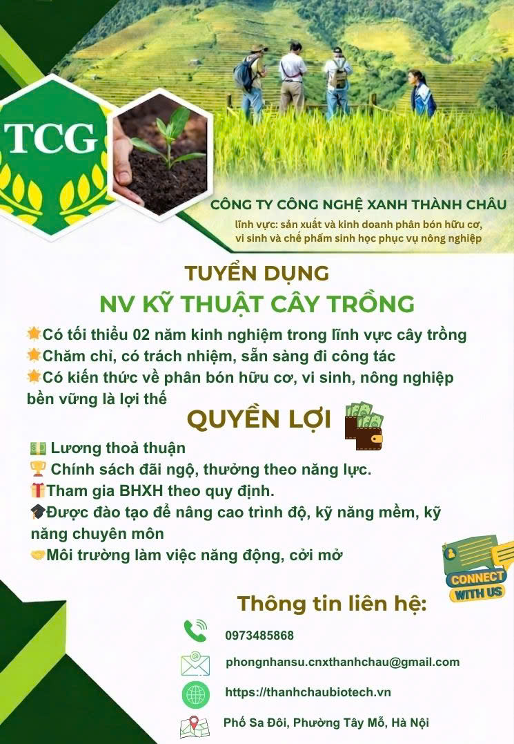 [TUYỂN DỤNG] NHÂN VIÊN KỸ THUẬT CÂY TRỒNG 